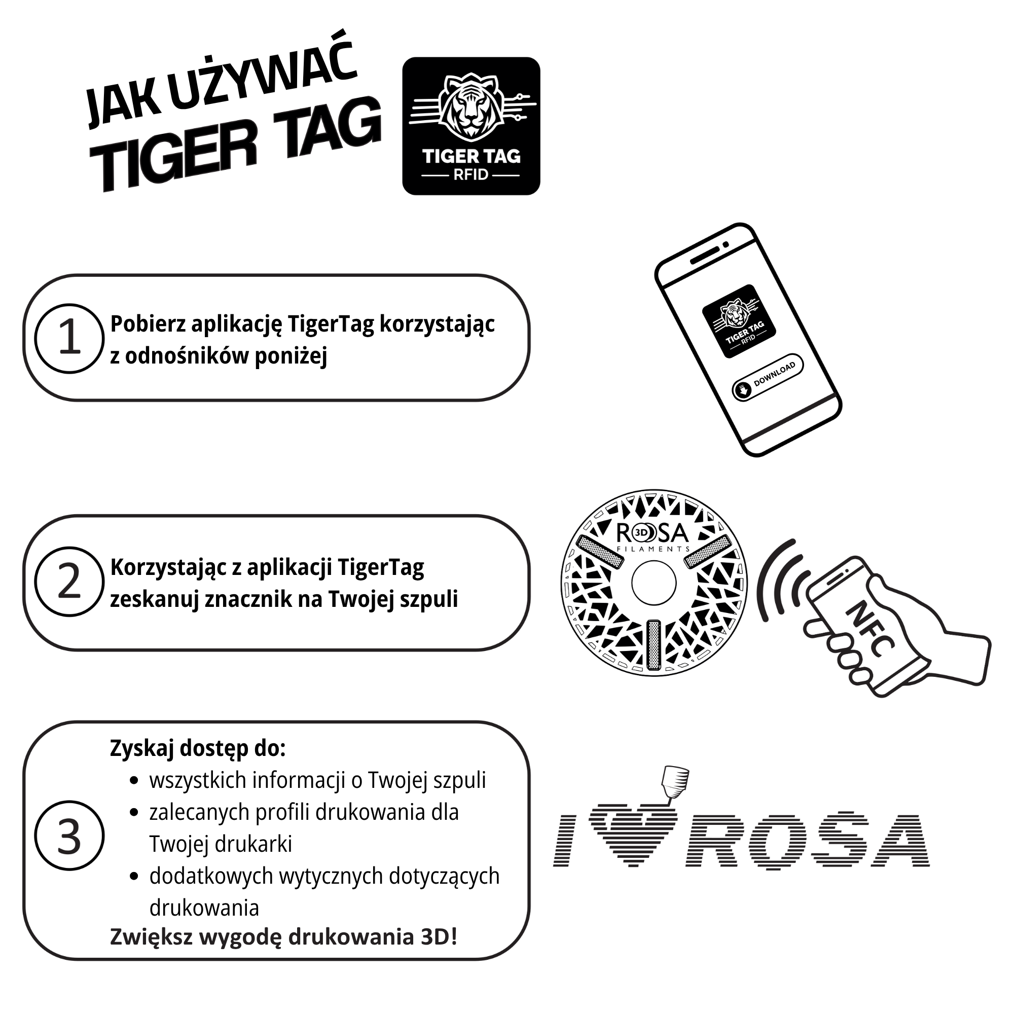 Instrukcja korzystania z TigerTag w filamentach 3D od ROSA3D – krok po kroku jak zeskanować tag NFC i rozpocząć druk 3D