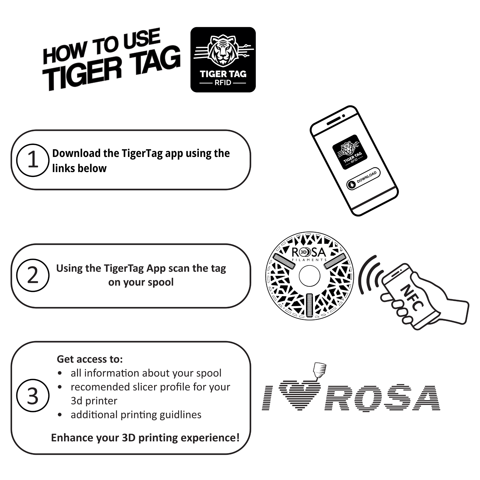 Instructions for using TigerTag in 3D filament from ROSA3D - step-by-step how to scan an NFC tag and start 3D printing