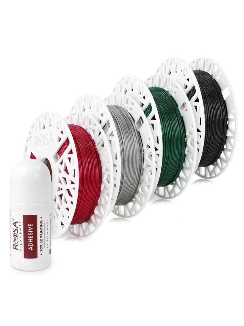 ZESTAW  PLA Galaxy - Black, Green, Silver, Red (4x0,5kg / 1.75mm) + klej